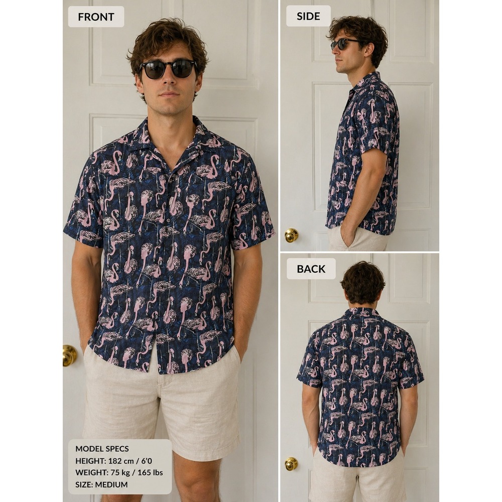 Super Massive Flamingo Print Shirt Mens Medium Navy Pink Tropical Summer Beach